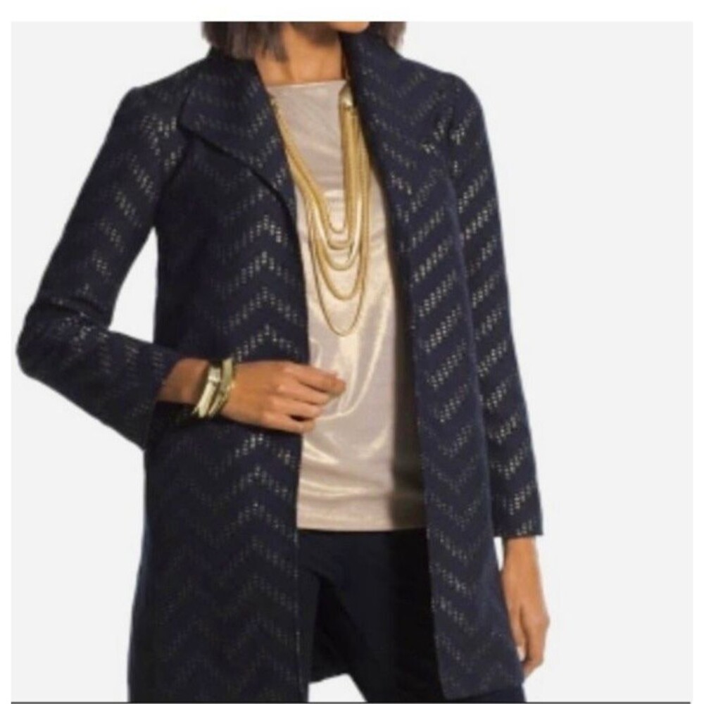 Chico’s Collection Metallic Navy & Gold Chevron Jacket Open Front Blazer Size 0